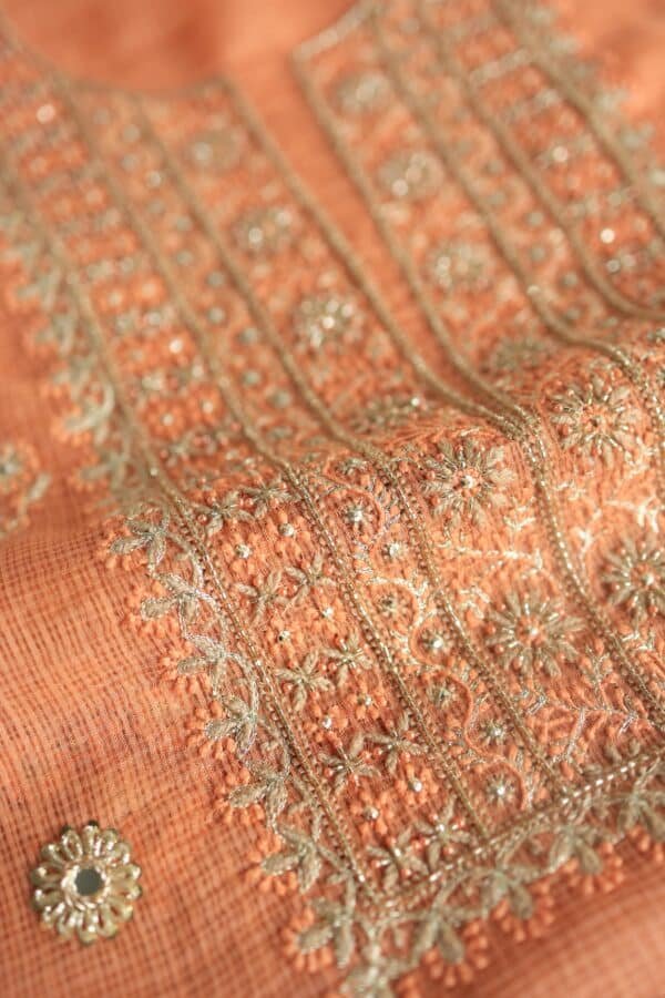 Orange Salmon  Handloom Kota Chikankari With Mirror Work Unstitched Kurta Dupatta Set - Image 6