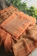 Orange Salmon  Handloom Kota Chikankari With Mirror Work Unstitched Kurta Dupatta Set