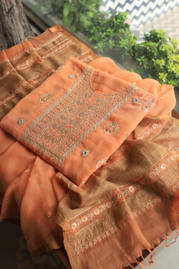 Orange Salmon  Handloom Kota Chikankari With Mirror Work Unstitched Kurta Dupatta Set - Image 7