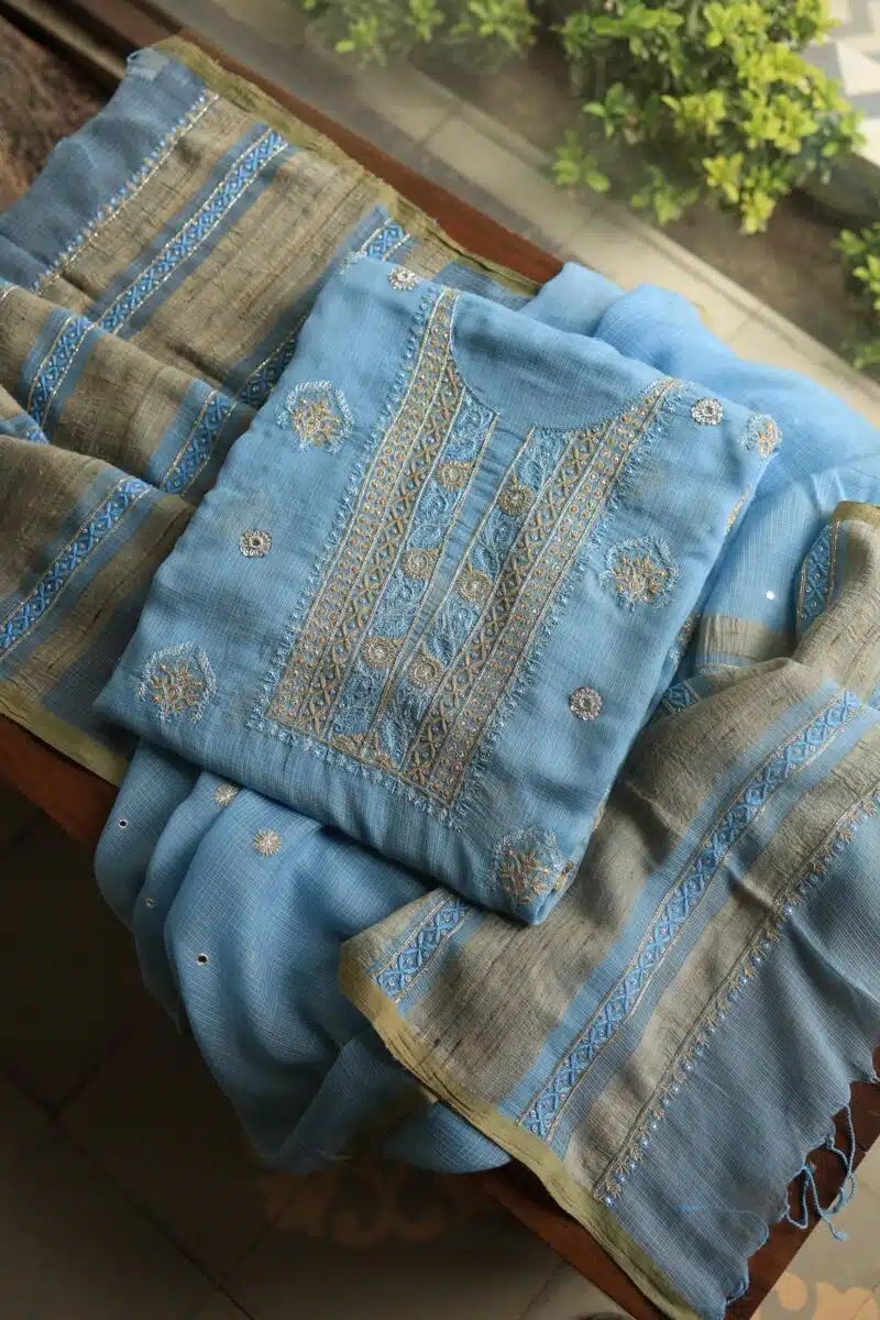 Blue Silk Kota Chikankari Unstitched Fabric