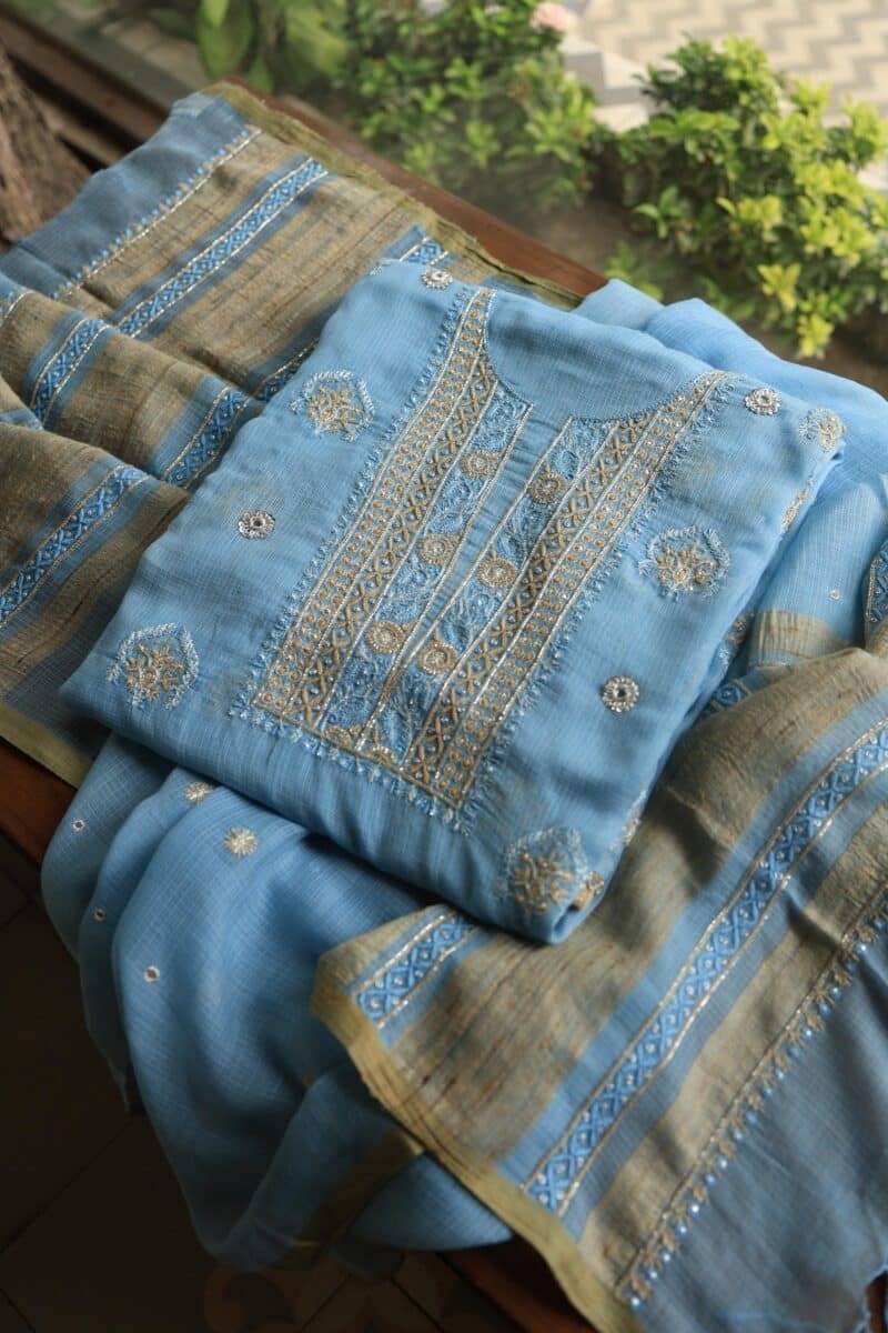 Blue Silk Kota Chikankari Unstitched Fabric