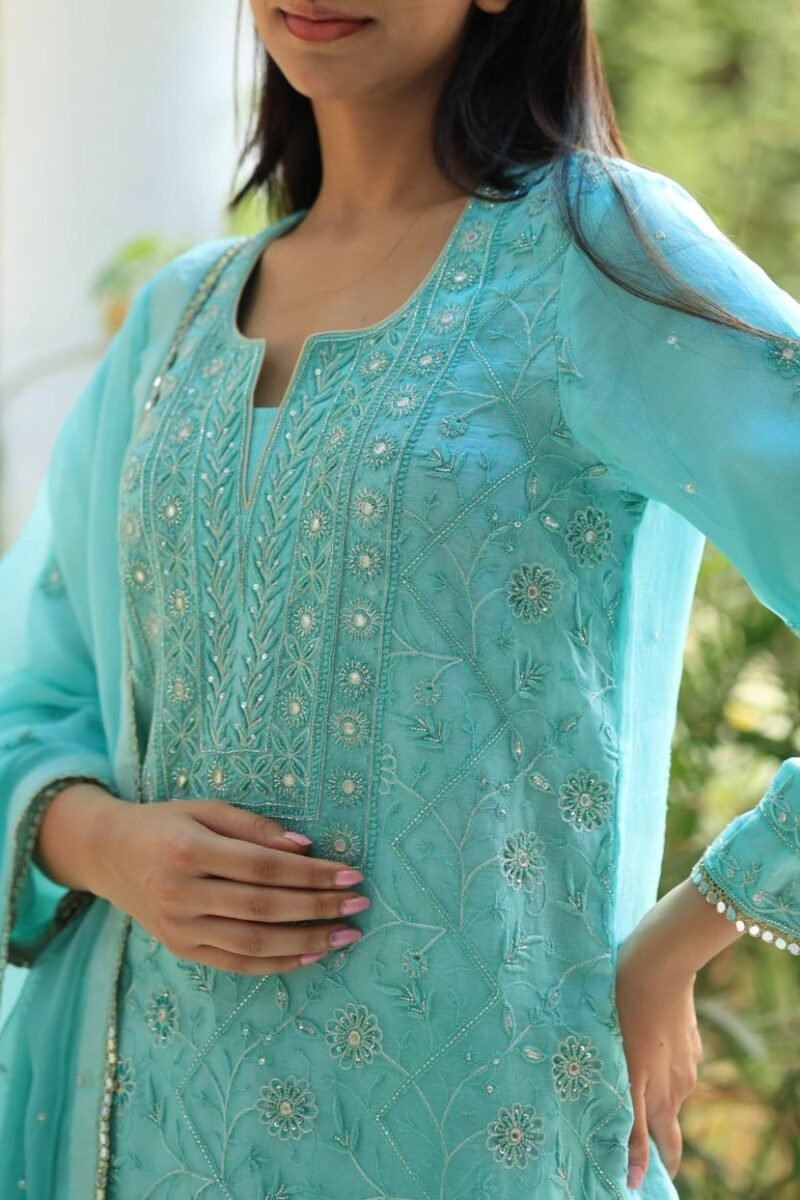 Sea Green Stripe Organza Chikankari Sharara Set