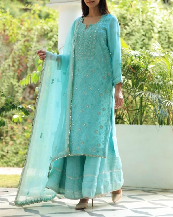 Sea Green Stripe Organza Chikankari Sharara Set - Image 12