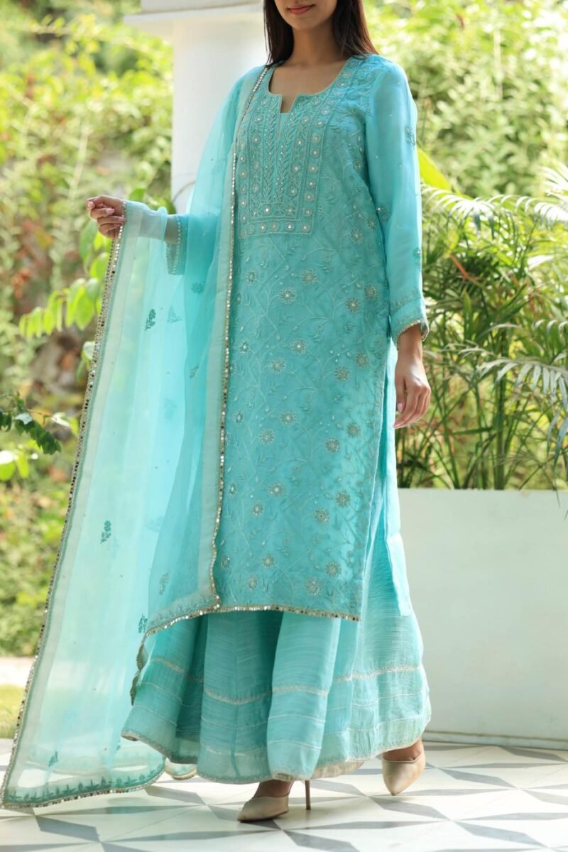 Sea Green Stripe Organza Chikankari Sharara Set