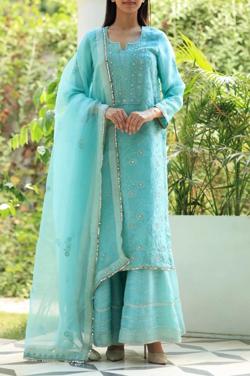 Sea Green Stripe Organza Chikankari Sharara Set