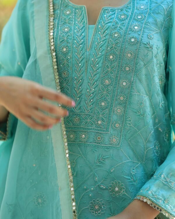 Sea Green Stripe Organza Chikankari Sharara Set - Image 5