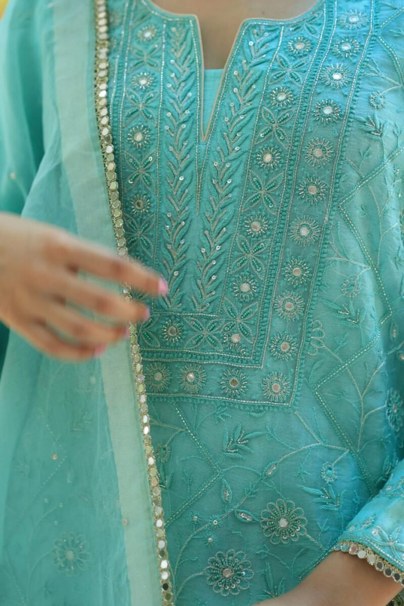 Sea Green Stripe Organza Chikankari Sharara Set