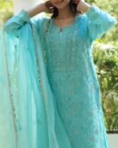 Sea Green Stripe Organza Chikankari Sharara Set