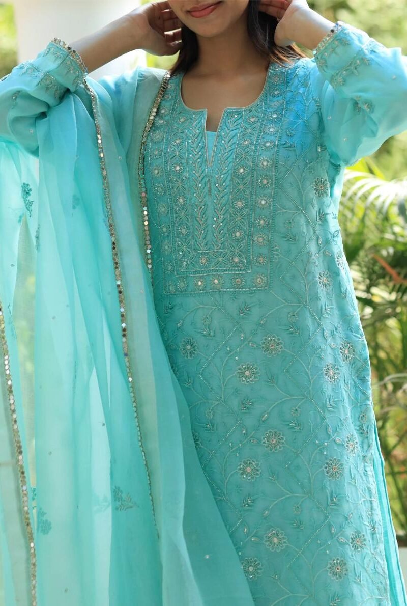 Sea Green Stripe Organza Chikankari Sharara Set