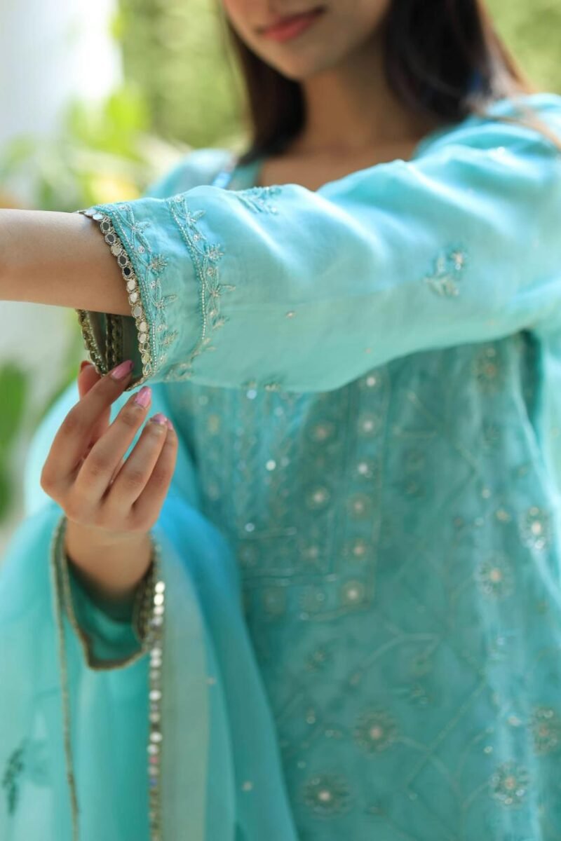 Sea Green Stripe Organza Chikankari Sharara Set