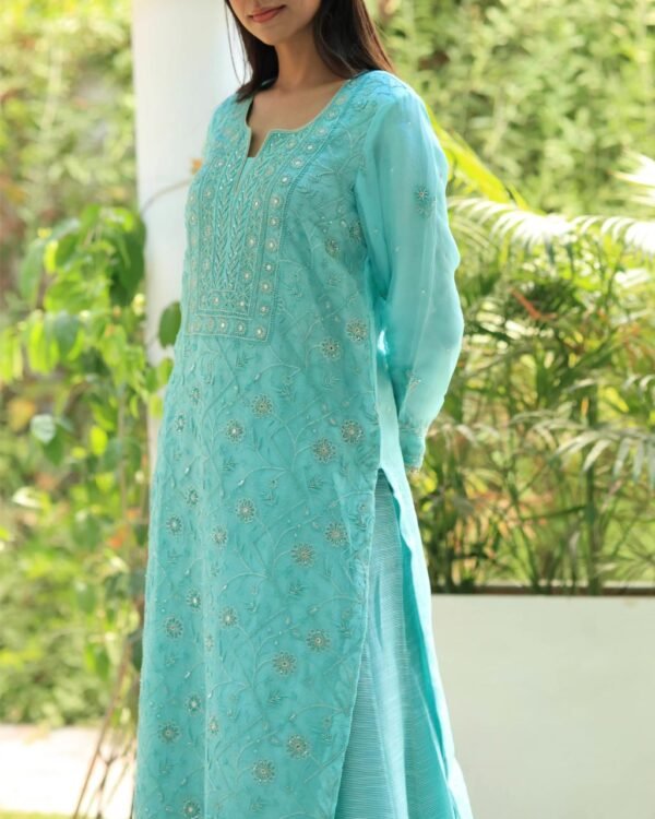 Sea Green Stripe Organza Chikankari Sharara Set - Image 8