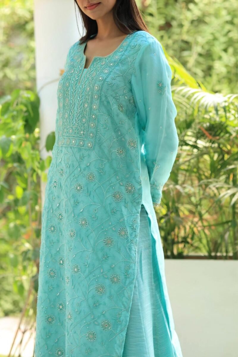 Sea Green Stripe Organza Chikankari Sharara Set
