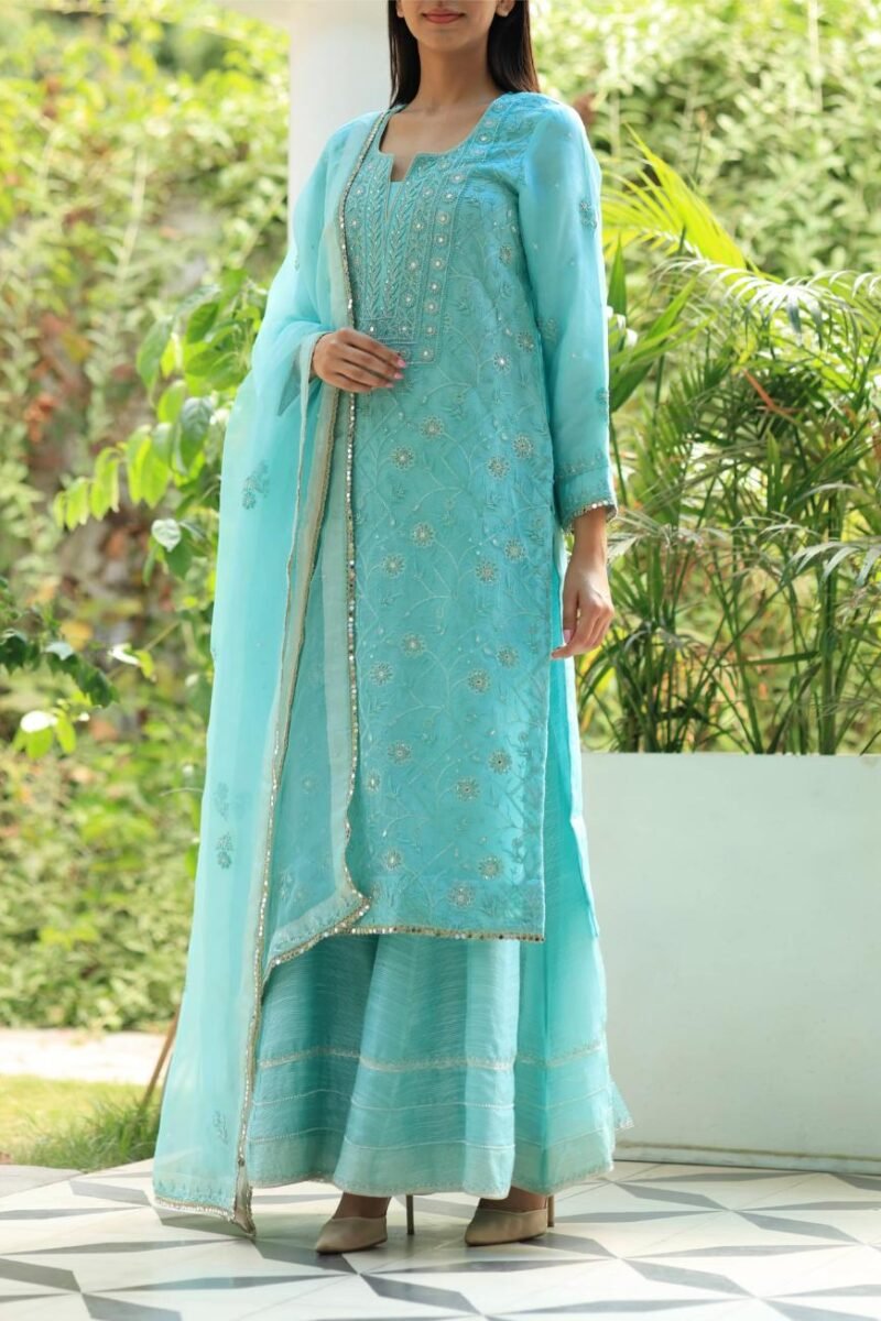 Sea Green Stripe Organza Chikankari Sharara Set