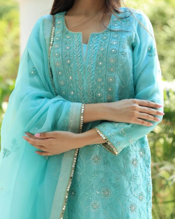 Sea Green Stripe Organza Chikankari Sharara Set