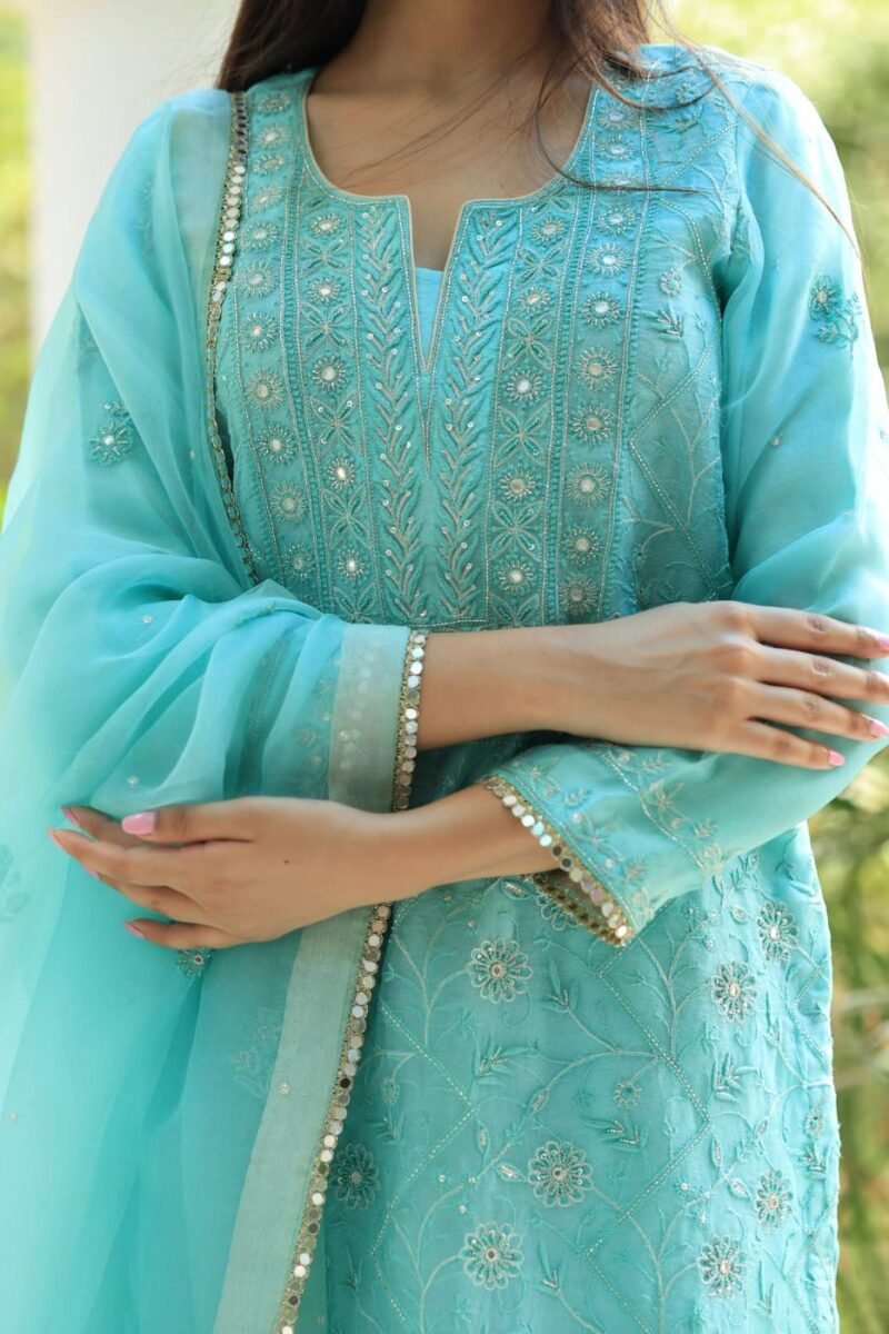 Sea Green Stripe Organza Chikankari Sharara Set
