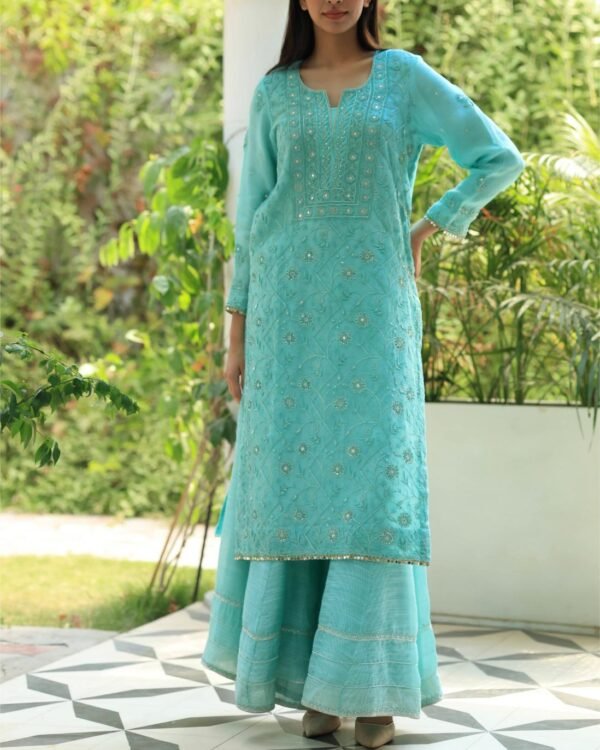 Sea Green Stripe Organza Chikankari Sharara Set - Image 10
