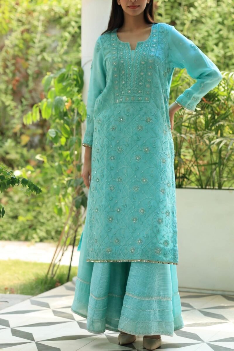 Sea Green Stripe Organza Chikankari Sharara Set