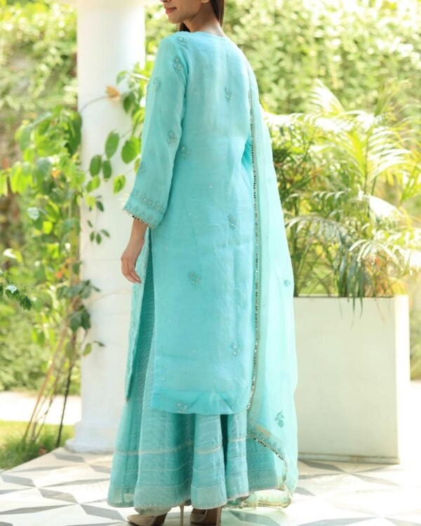 Sea Green Stripe Organza Chikankari Sharara Set - Image 11