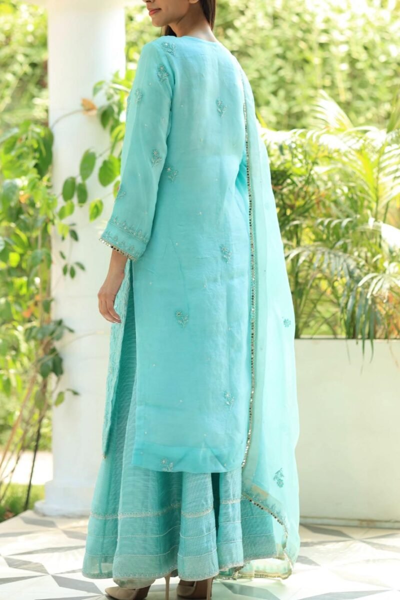 Sea Green Stripe Organza Chikankari Sharara Set