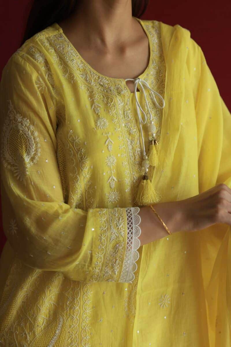 Yellow Malmal Chikankari With Pearl & Sequins Ready To Wear Kurta Dupatta Set