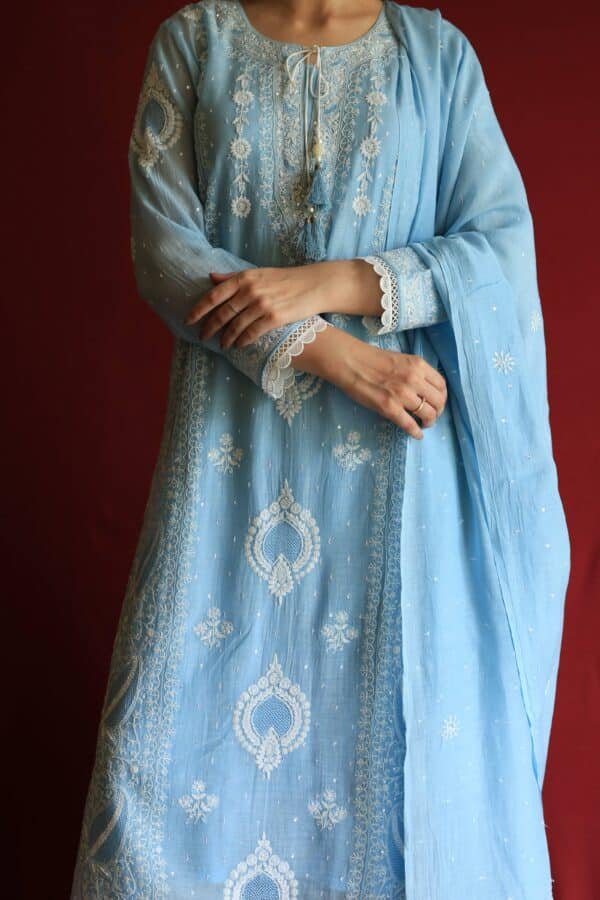 Blue Malmal Chikankari With Pearl & Sequins Ready To Wear Kurta Dupatta Set