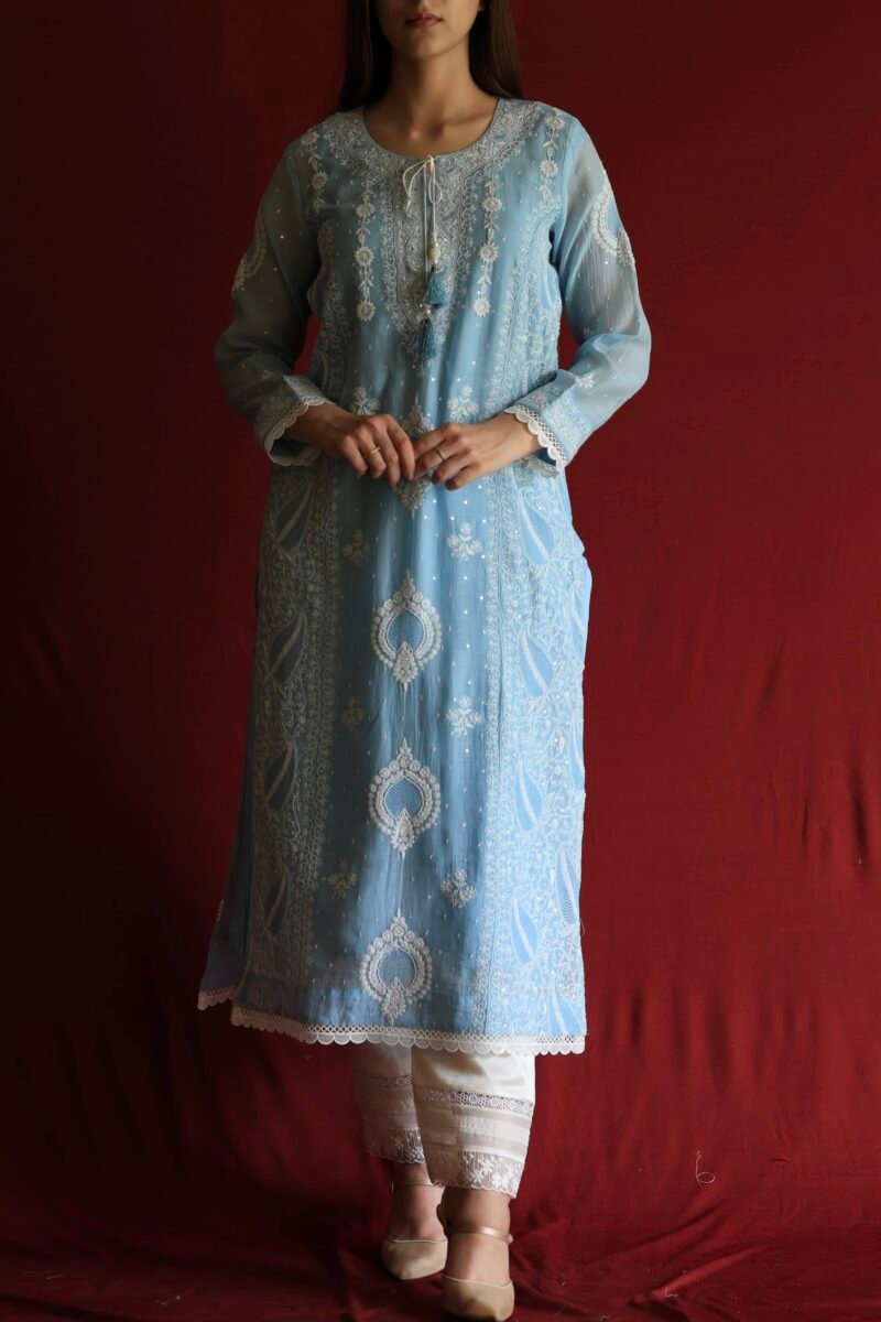 Blue Malmal Chikankari With Pearl & Sequins Ready To Wear Kurta Dupatta Set