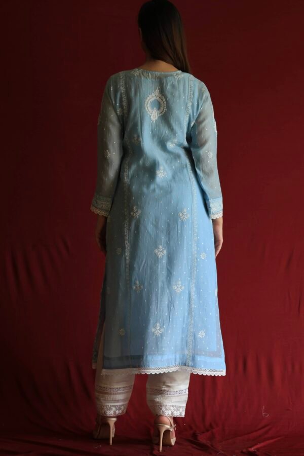 Blue Malmal Chikankari With Pearl & Sequins Ready To Wear Kurta Dupatta Set - Image 12