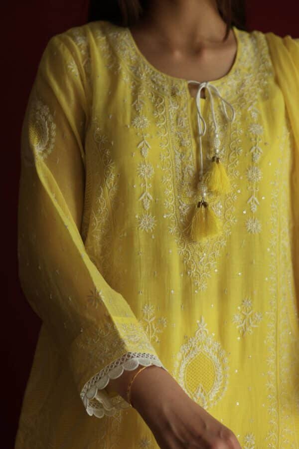 Yellow Malmal Chikankari With Pearl & Sequins Ready To Wear Kurta Dupatta Set - Image 13