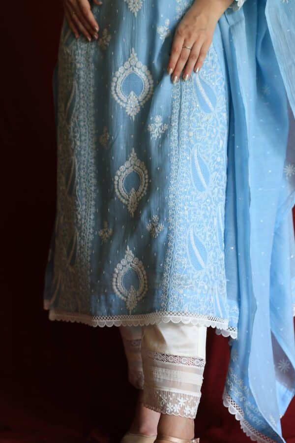 Blue Malmal Chikankari With Pearl & Sequins Ready To Wear Kurta Dupatta Set - Image 14