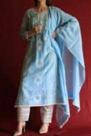 Blue Malmal Chikankari With Pearl & Sequins Ready To Wear Kurta Dupatta Set