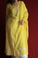 Yellow Malmal Chikankari With Pearl & Sequins Ready To Wear Kurta Dupatta Set