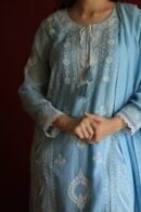Blue Malmal Chikankari With Pearl & Sequins Ready To Wear Kurta Dupatta Set