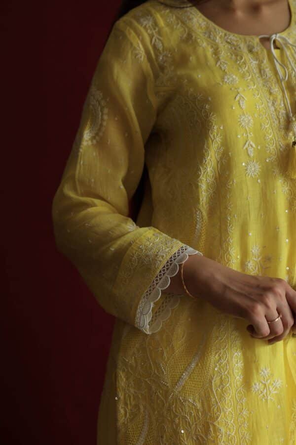 Yellow Malmal Chikankari With Pearl & Sequins Ready To Wear Kurta Dupatta Set - Image 3