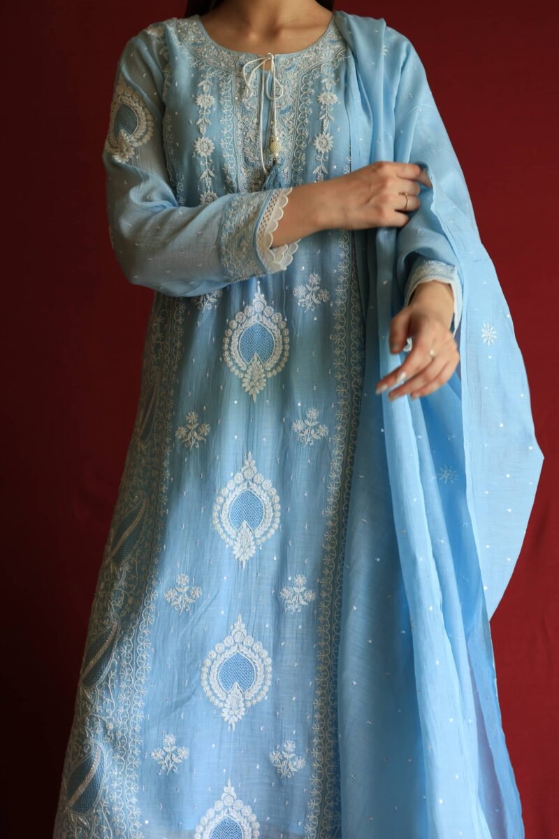 Soft Malmal Mukaish Kamdani Work Chikankari Kurta Dupatta Set