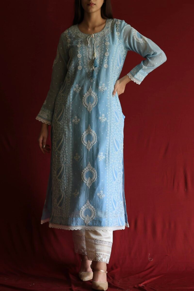 Blue Malmal Chikankari With Pearl & Sequins Ready To Wear Kurta Dupatta Set