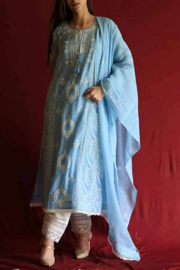 Blue Malmal Chikankari With Pearl & Sequins Ready To Wear Kurta Dupatta Set - Image 9