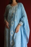 Blue Malmal Chikankari With Pearl & Sequins Ready To Wear Kurta Dupatta Set