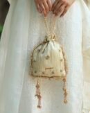 Off White Handcrafted Tissue Silk Chikankari Potli With Golden Lace