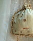 Off White Handcrafted Tissue Silk Chikankari Potli With Golden Lace