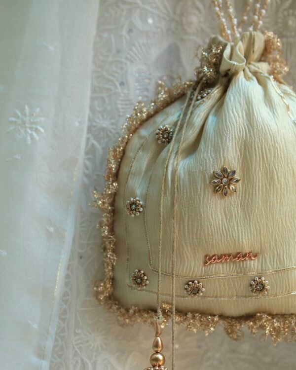 Off White Handcrafted Tissue Silk Chikankari Potli With Golden Lace - Image 2
