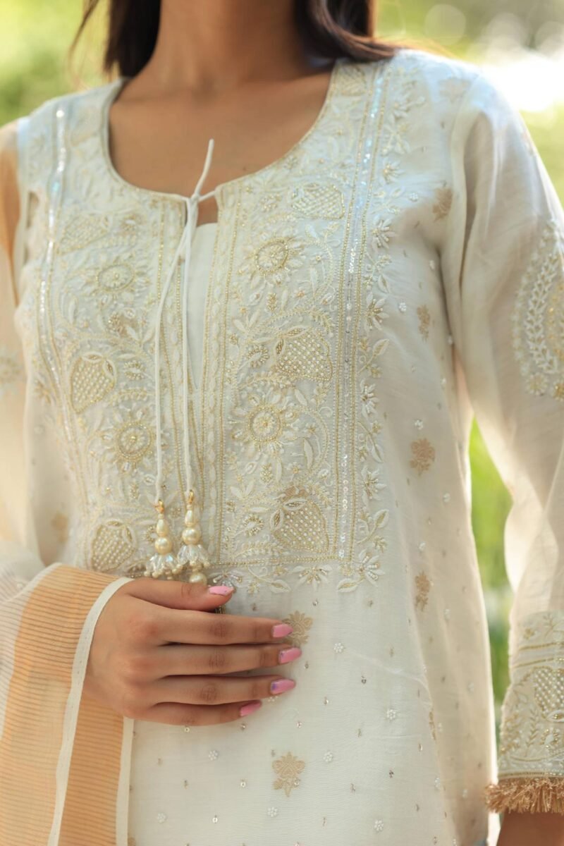 White Banarasi Zari Chanderi Chikankari Sharara Set