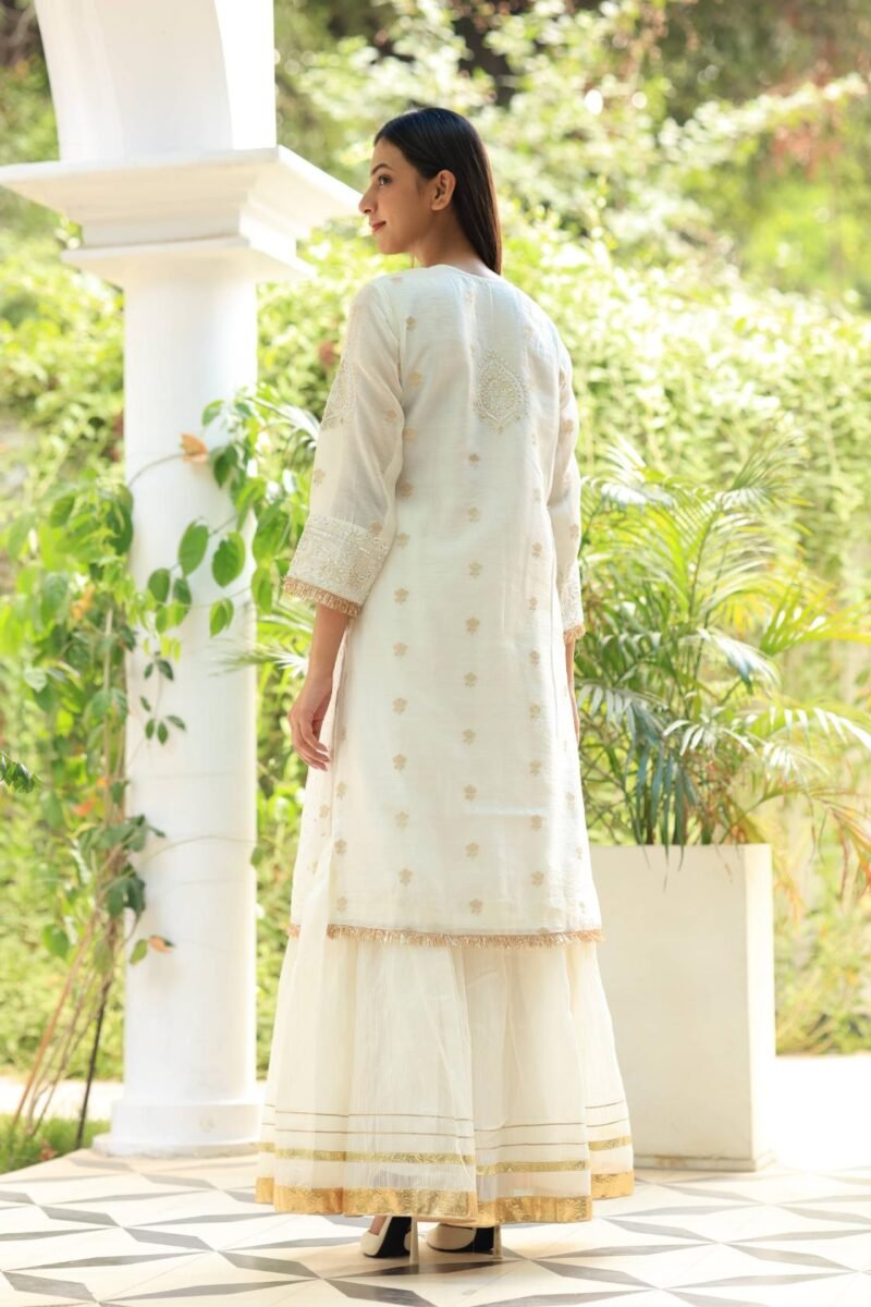 White Banarasi Zari Chanderi Chikankari Sharara Set