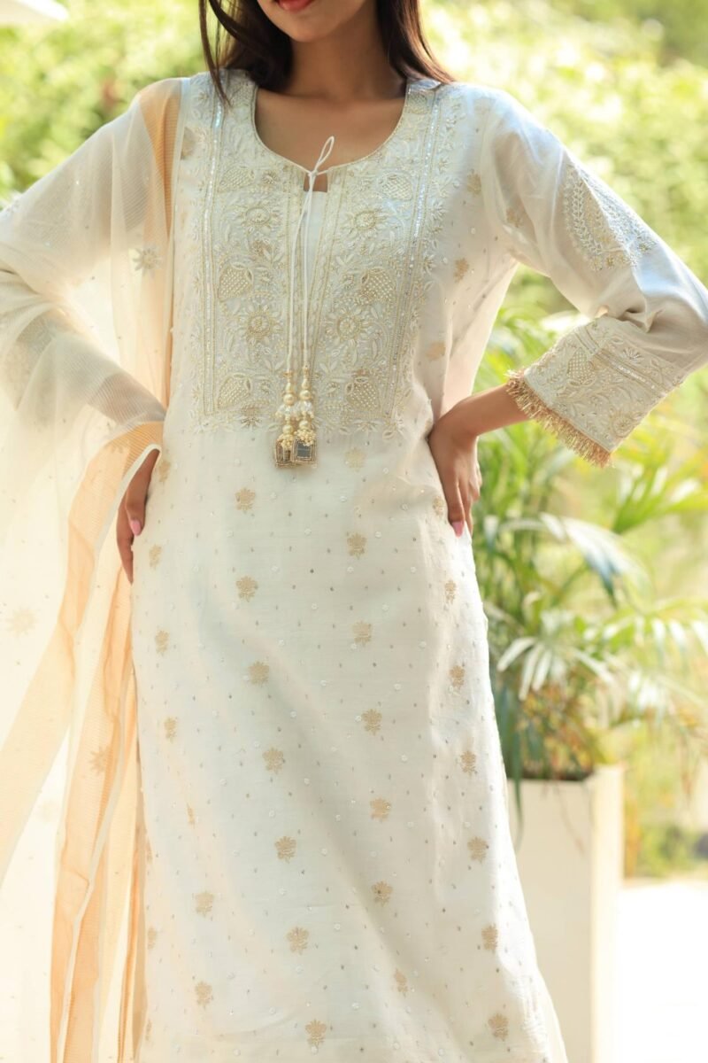White Banarasi Zari Chanderi Chikankari Sharara Set