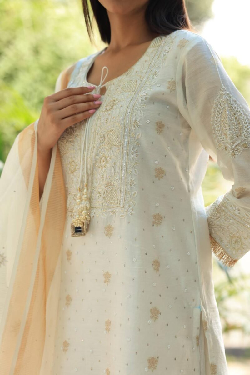 White Banarasi Zari Chanderi Chikankari Sharara Set