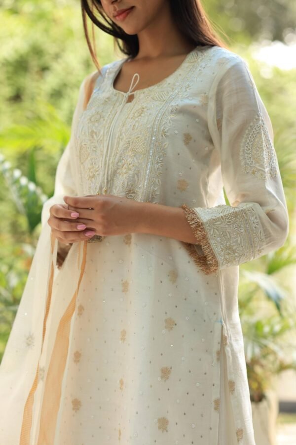 White Banarasi Zari Chanderi Chikankari Sharara Set - Image 2