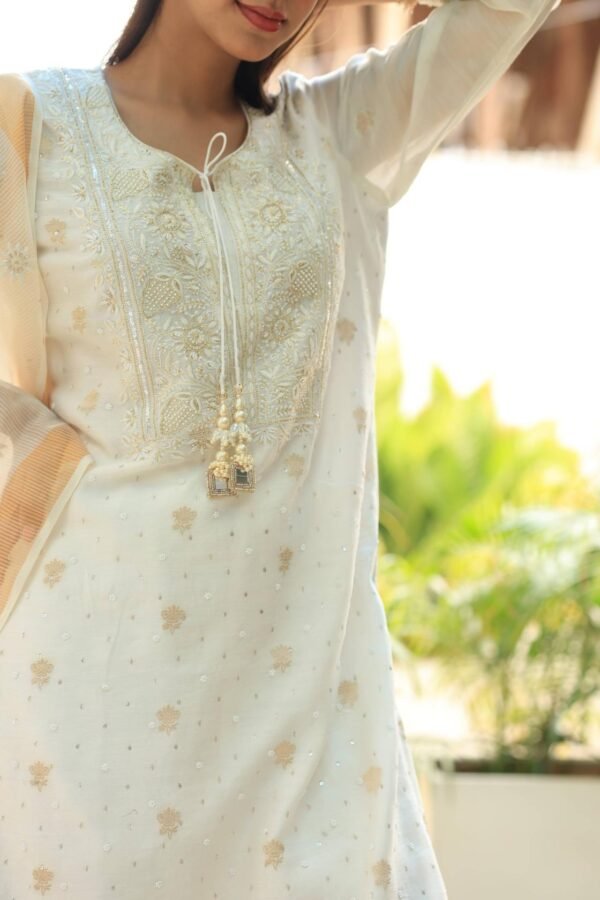 White Banarasi Zari Chanderi Chikankari Sharara Set - Image 8