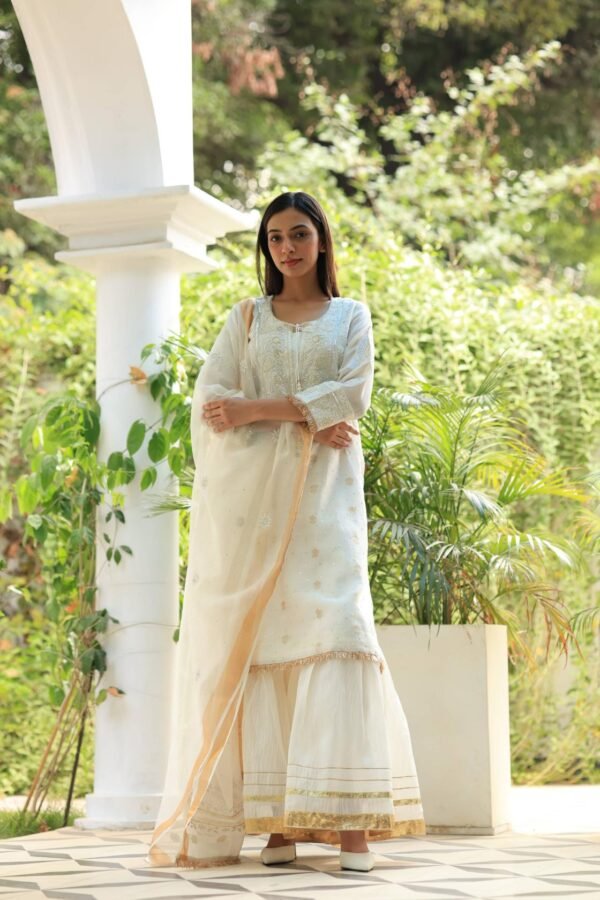 White Banarasi Zari Chanderi Chikankari Sharara Set - Image 10