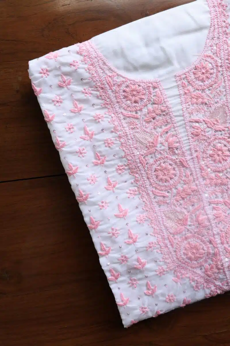 White Cotton Chikankari Unstitched Kurta Fabrics