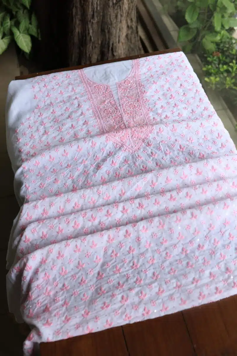 White Cotton Chikankari Unstitched Kurta Fabrics