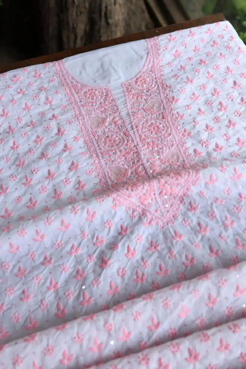White Cotton Chikankari Unstitched Kurta Fabrics